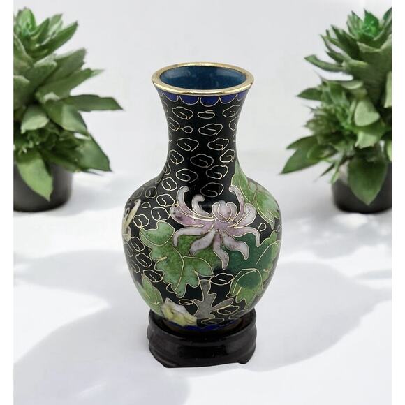 Vintage Mini Chinese Enameled Cloisonne Vase w/ Stand 3 inch Black Floral Blue - Picture 1 of 7